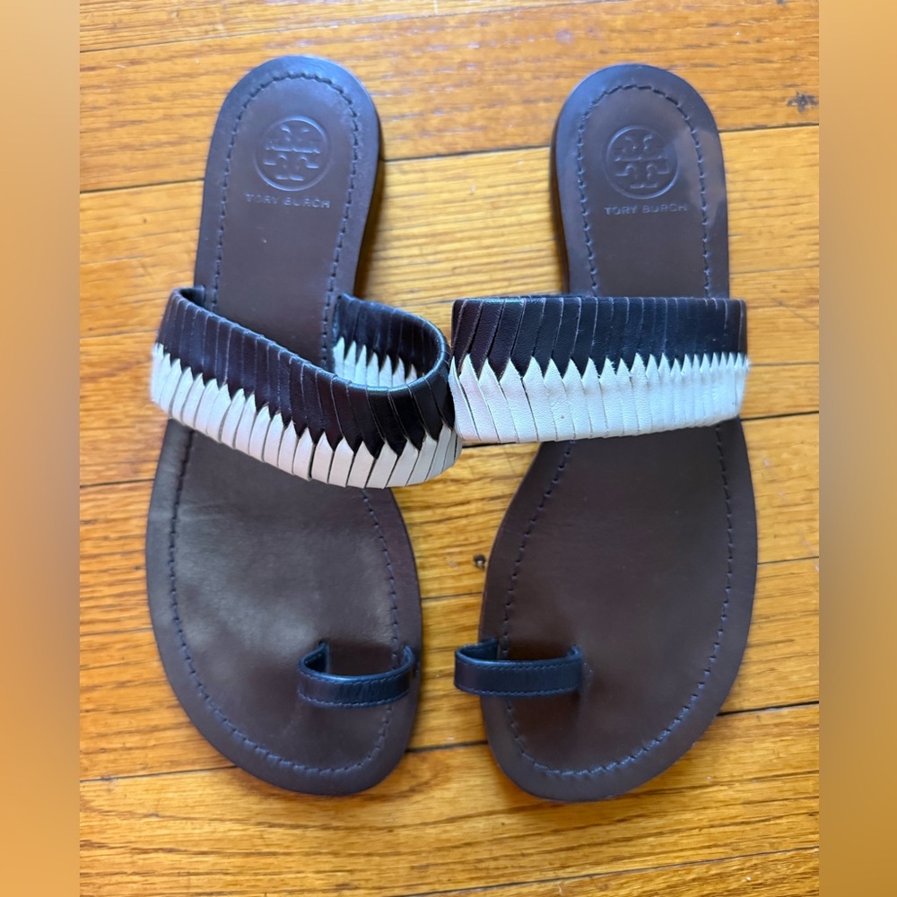 Sold - Tory Burch Black and Cream Woven Leather Slide Sandals